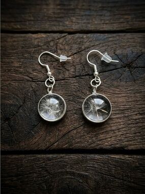 Handmade Dandelion Seed Encased Drop Earrings - Silver